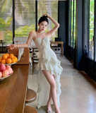 New Simple Elegant Floral Irregular Design Beach Holiday Spaghetti Strap Dress HZ1024