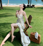 New Simple Elegant Floral Irregular Design Beach Holiday Spaghetti Strap Dress HZ1024