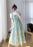 Simple Elegant Floral Design Short Sleeves Halter Dress HZ1024