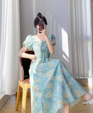 Simple Elegant Floral Design Short Sleeves Halter Dress HZ1024