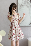 New Simple Elegant Red Floral Design Short Sleeves Women Midi Dress HZ1024