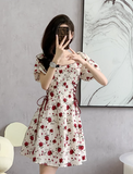 New Simple Elegant Red Floral Design Short Sleeves Women Midi Dress HZ1024