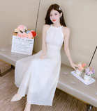 New Simple Elegant Women White Design High-waisted Halter Dress HZ1024