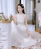 New Simple Elegant Women White Design High-waisted Halter Dress HZ1024