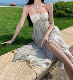 Simple Fashion Women Floaral Design Beach Holiday Halter Dress HZ1024