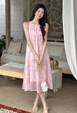 New Fashion Women Pink Floral Design Sense Beach Holiday Halter Dress HZ1024