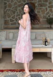 New Fashion Women Pink Floral Design Sense Beach Holiday Halter Dress HZ1024