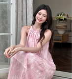 New Fashion Women Pink Floral Design Sense Beach Holiday Halter Dress HZ1024