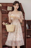 Vintage Women Floral Design A-Line Chiffon Short Sleeves Dress HZ1024