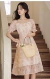 Vintage Women Floral Design A-Line Chiffon Short Sleeves Dress HZ1024