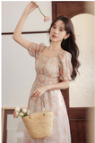 Vintage Women Floral Design A-Line Chiffon Short Sleeves Dress HZ1024