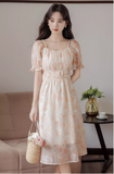 Vintage Women Floral Design A-Line Chiffon Short Sleeves Dress HZ1024