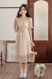 Vintage Women Floral Design A-Line Chiffon Short Sleeves Dress HZ1024