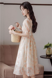 Vintage Women Floral Design A-Line Chiffon Short Sleeves Dress HZ1024