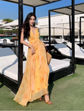 New Fashion Women Yellow Floral Design A-Line Halter Dress HZ1024