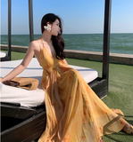 New Fashion Women Yellow Floral Design A-Line Halter Dress HZ1024