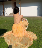 New Fashion Women Yellow Floral Design A-Line Halter Dress HZ1024