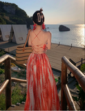 Bohemian Style Women Unique Design Sense Red A-Line Halter Dress HZ1024
