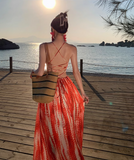 Bohemian Style Women Unique Design Sense Red A-Line Halter Dress HZ1024