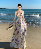 New Style Women Purple Floral Design V-neck A-Line Spaghetti Strap Dress HZ1024