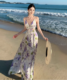 New Style Women Purple Floral Design V-neck A-Line Spaghetti Strap Dress HZ1024