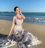 New Style Women Purple Floral Design V-neck A-Line Spaghetti Strap Dress HZ1024