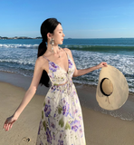 New Style Women Purple Floral Design V-neck A-Line Spaghetti Strap Dress HZ1024