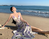 New Style Women Purple Floral Design V-neck A-Line Spaghetti Strap Dress HZ1024