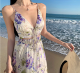 New Style Women Purple Floral Design V-neck A-Line Spaghetti Strap Dress HZ1024