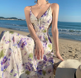 New Style Women Purple Floral Design V-neck A-Line Spaghetti Strap Dress HZ1024