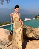 New Fashion Women Yellow Floral Design V-neck A-Line Chiffon Halter Dress HZ1024