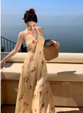 New Fashion Women Yellow Floral Design V-neck A-Line Chiffon Halter Dress HZ1024