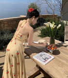 New Fashion Women Yellow Floral Design V-neck A-Line Chiffon Halter Dress HZ1024