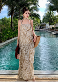 Vintage Fashion Women Floral Design A-Line Beach Holiday Spaghetti Strap Dress HZ1024