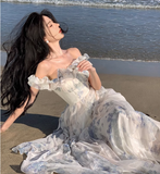 New Fashion Women Floral Falbala Design A-Line Beach Holiday Spaghetti Strap Dress HZ1024