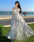 New Fashion Women Floral Falbala Design A-Line Beach Holiday Spaghetti Strap Dress HZ1024