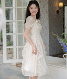 New Fashion Women White Floral Design A-Line Short Sleeves Dress HZ1024