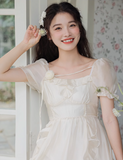 New Fashion Women White Floral Design A-Line Short Sleeves Dress HZ1024