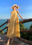 Simple Fashion Women Yellow Floral Design A-Line Halter Dress HZ1024