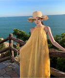 Simple Fashion Women Yellow Floral Design A-Line Halter Dress HZ1024