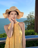 Simple Fashion Women Yellow Floral Design A-Line Halter Dress HZ1024