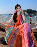 Simple Colorful Striped Design Beach Holiday A-Line Halter Dress HZ1024