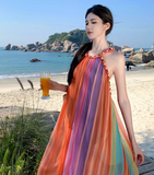 Simple Colorful Striped Design Beach Holiday A-Line Halter Dress HZ1024