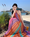 Simple Colorful Striped Design Beach Holiday A-Line Halter Dress HZ1024