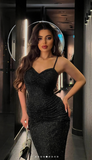 Sexy Black Mermaid V-Neck Spaghetti Strap Glitter Long Prom Dresses HZ1024