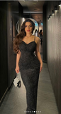 Sexy Black Mermaid V-Neck Spaghetti Strap Glitter Long Prom Dresses HZ1024