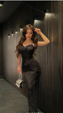 Sexy Black Mermaid V-Neck Spaghetti Strap Glitter Long Prom Dresses HZ1024