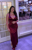 Sexy Deep V Neck Burgundy Mermaid Satin Split Long Prom Dresses HZ1024