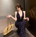 Simple Floral Design Navy Blue A-Line Women Beach Holiday Halter Dress HZ1024