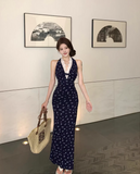 Simple Floral Design Navy Blue A-Line Women Beach Holiday Halter Dress HZ1024